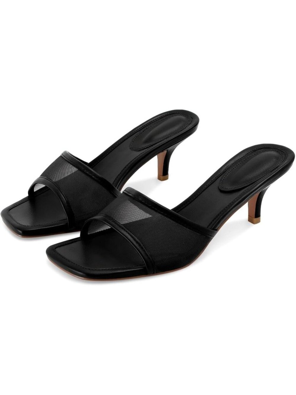 Women's Black Mesh Square-Toe Buckle Accent Kitten Stiletto Heel Mule Sandal